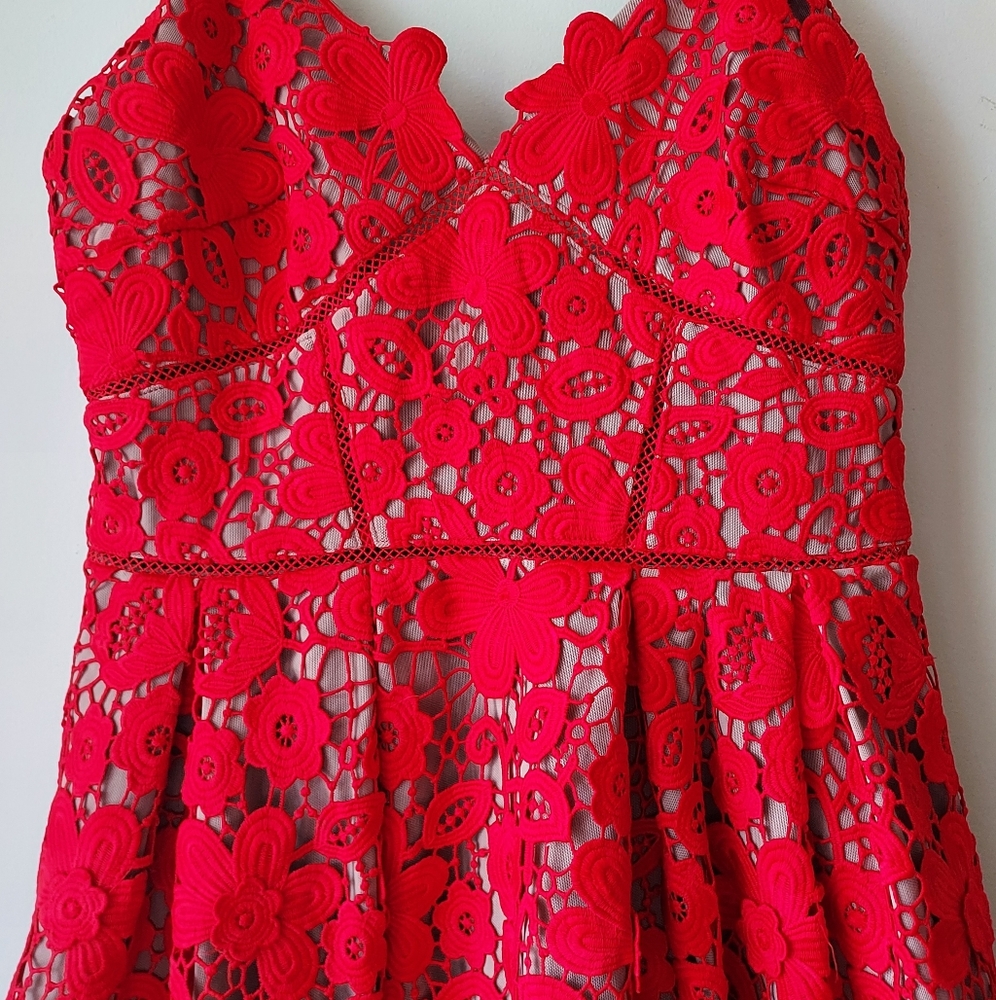 Self-Portrait Azalea Red Lace Fit & Flare Midi Dress Size 4 - Picture 8 of 16